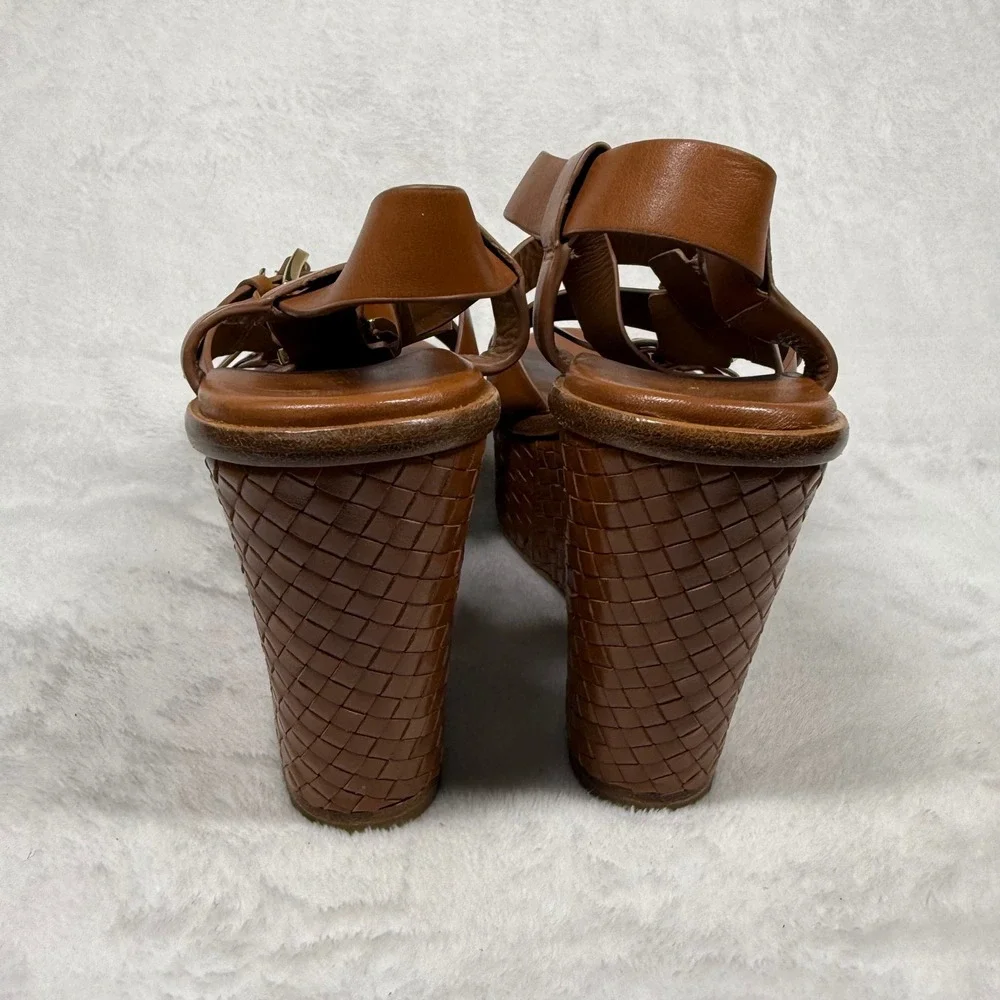 Michael‎ Kors Collection Tan Leather Woven Platform Wedge Sandals 38.5/8